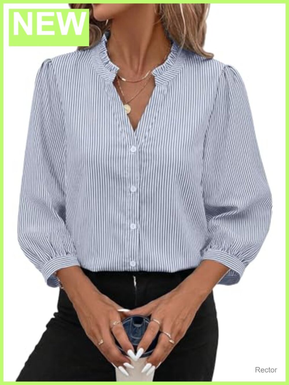 Womens 3/4 Sleeve Ruffle V Neck Striped Button Down Blouse
